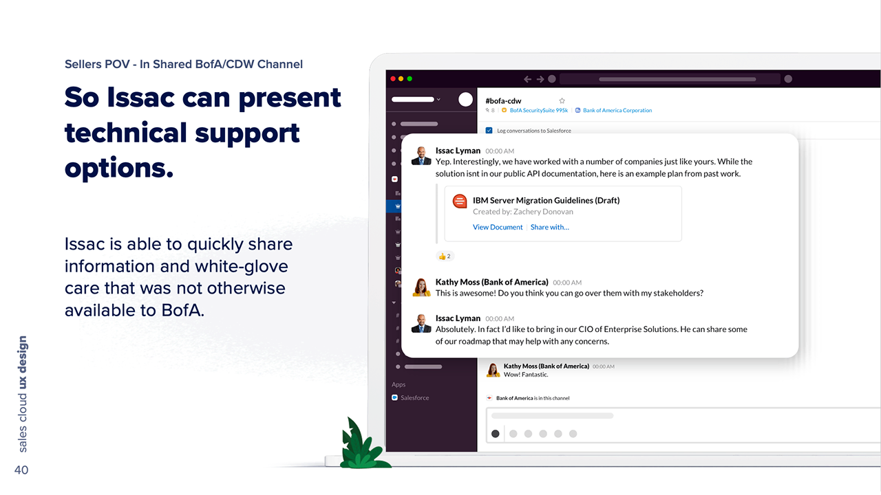 The partner rep presents technical support options directly to the buyer in the shared channel, attention the customer could not otherwise reach.